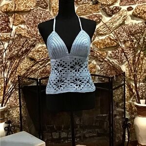 Blue Crochet Halter Crop Top